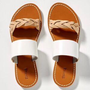 Size 6.5 Soludos Tan and White Leather Braided Casual Trendy Slide On Sandals